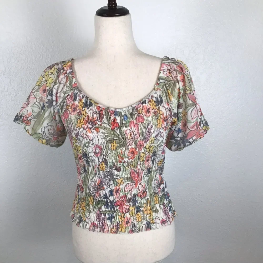 Anthropologie Aurelia floral puff sleeve smocked blouse XS‎